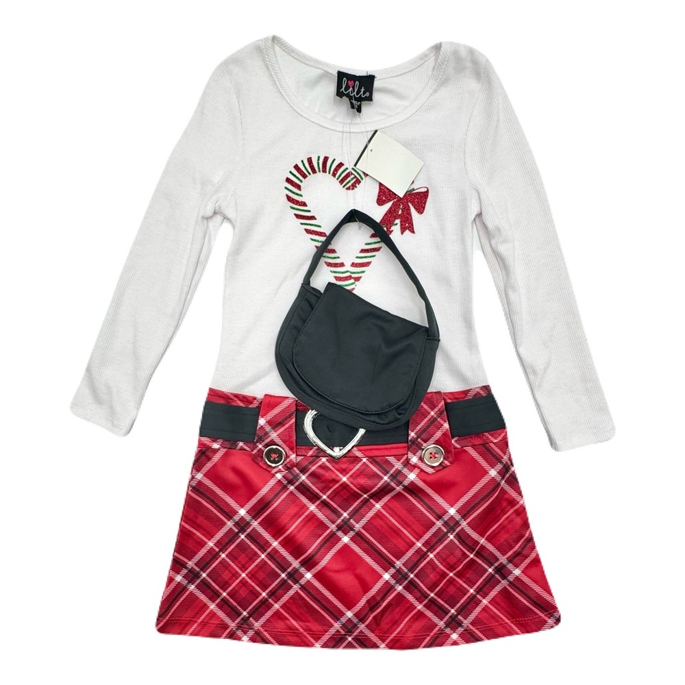 Lilt White and Red Plaid Dress with Glittery Candy Cane Design and Black Purse